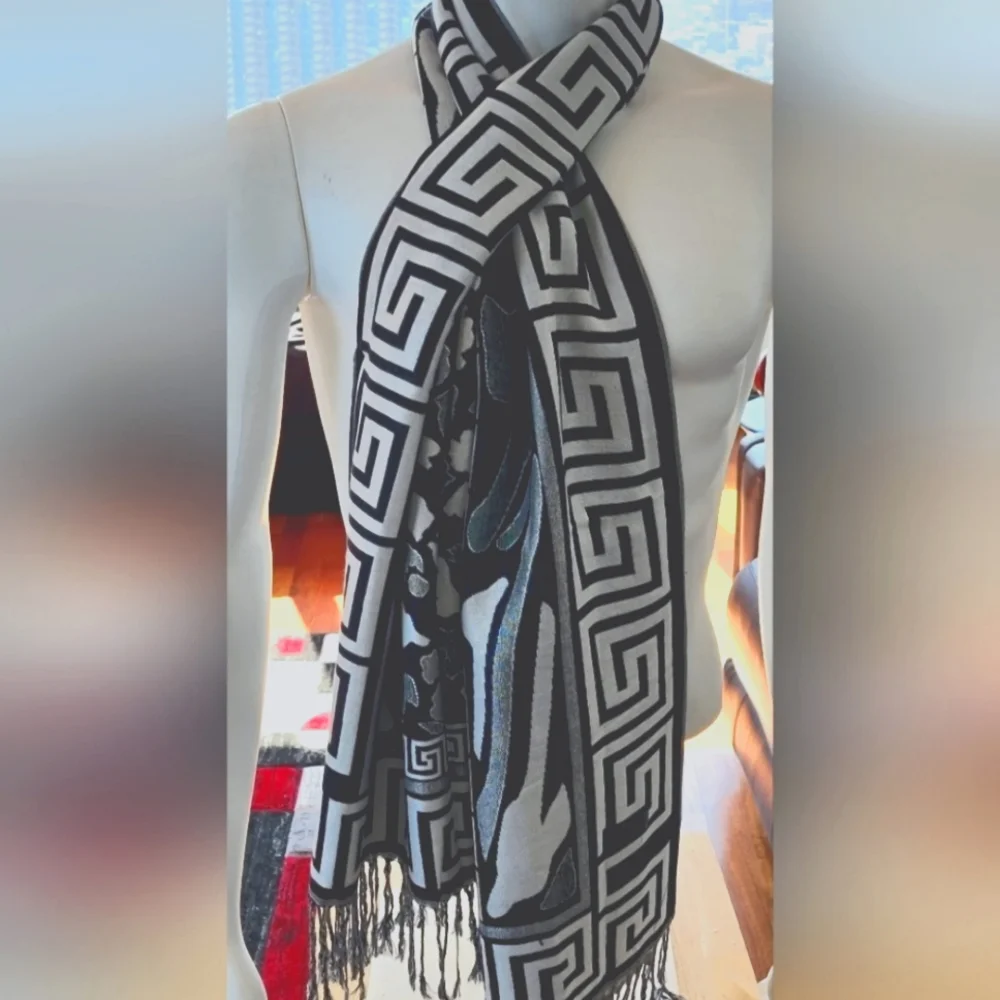 Greek key Pashmina Scarf Double faced NEW